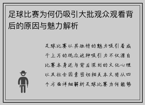 足球比赛为何仍吸引大批观众观看背后的原因与魅力解析