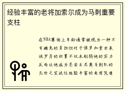 经验丰富的老将加索尔成为马刺重要支柱