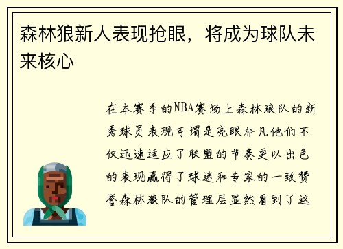 森林狼新人表现抢眼，将成为球队未来核心