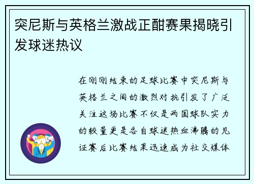 突尼斯与英格兰激战正酣赛果揭晓引发球迷热议